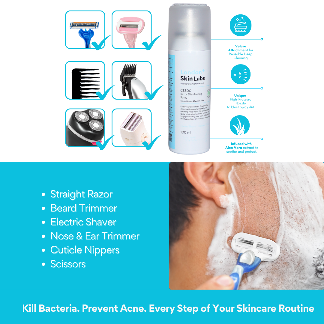 Disinfectant spray for cleaning razors and grooming tools during shaving