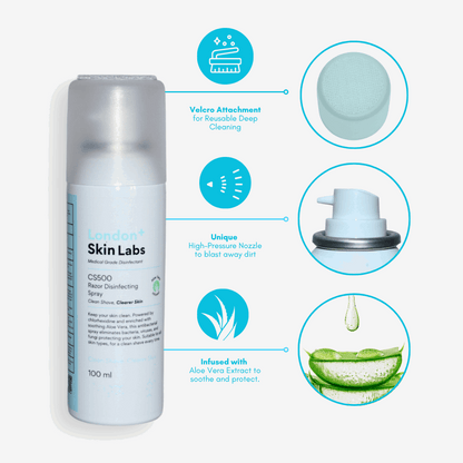 Medical grade razor disinfectant spray with nozzle, scrubber and aloe vera